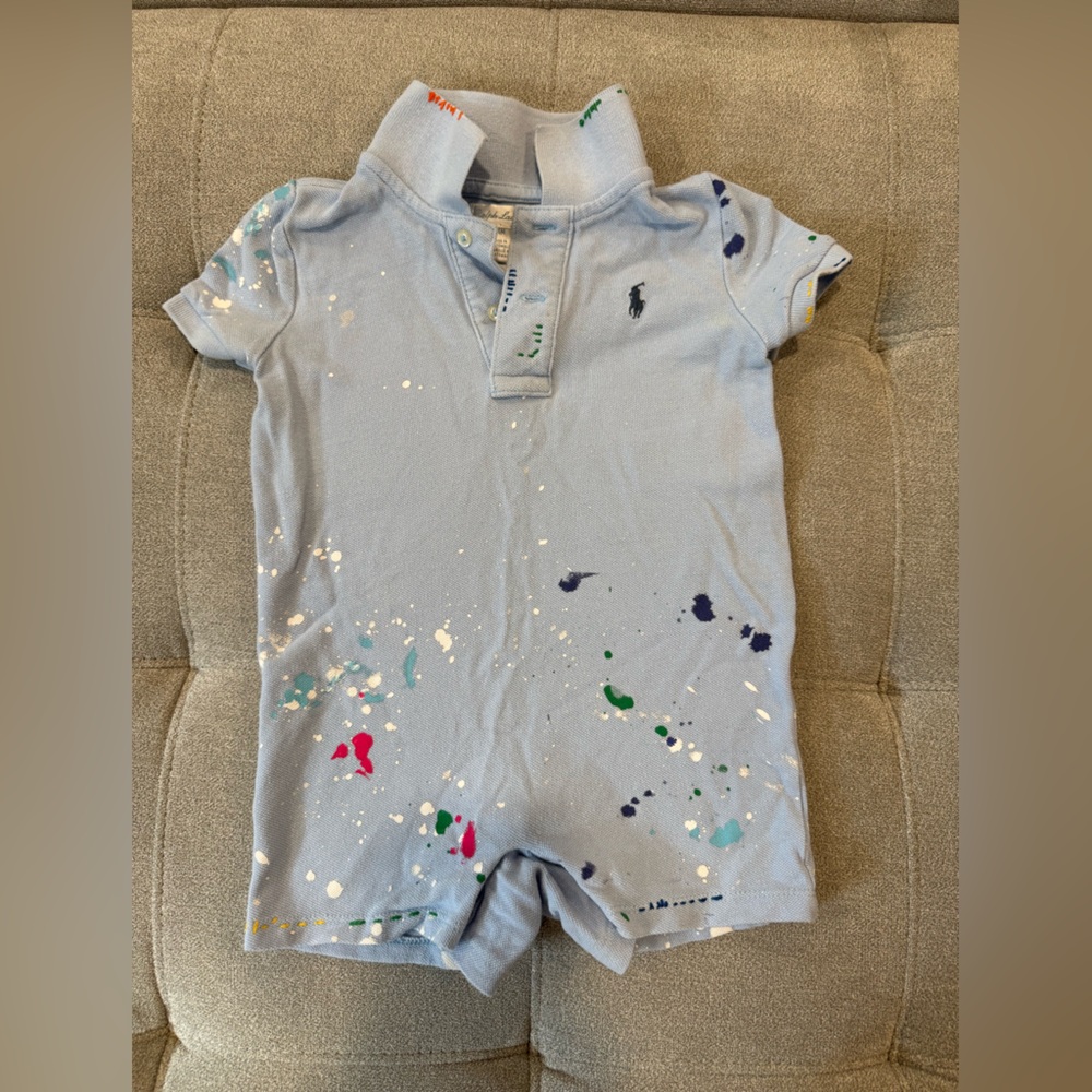 Polo by Ralph Lauren Baby Blue Paint-Splatter Polo Shortall 24M preppy summer
